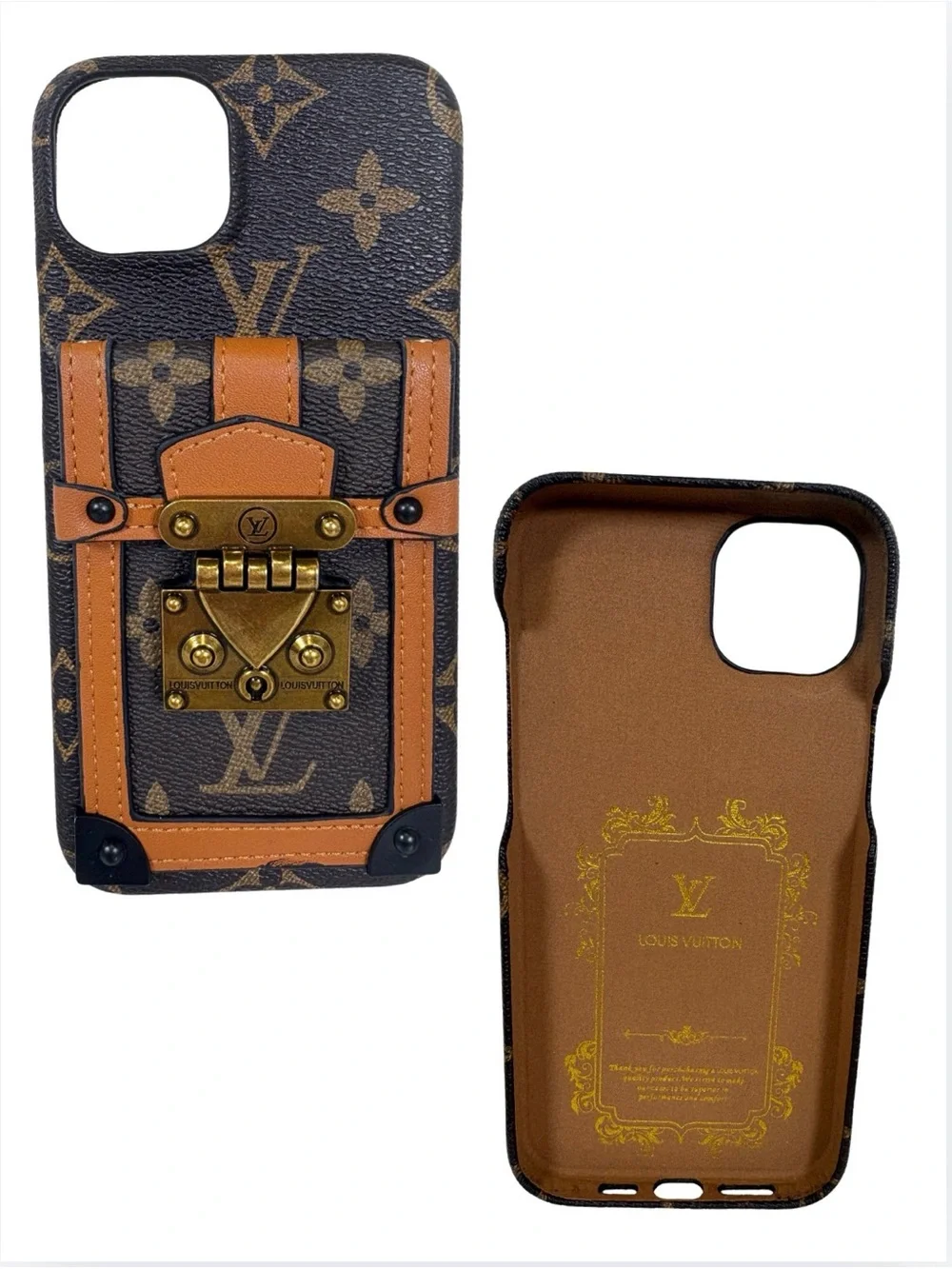 PHONE CASE: Brown & Tan LV Monogram Trunk-Style iPhone 15 Plus, NWOT